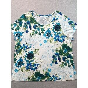 Studio Works Womens  Blouse Size 2X Extra Large White Green Flowers Casual Relax